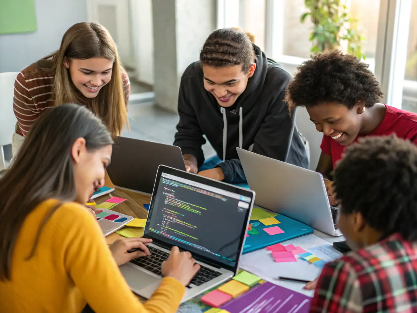 A diverse group of students collaborating on a coding project, highlighting the collaborative learning environment and skill-building opportunities at CodeBridge Academy.