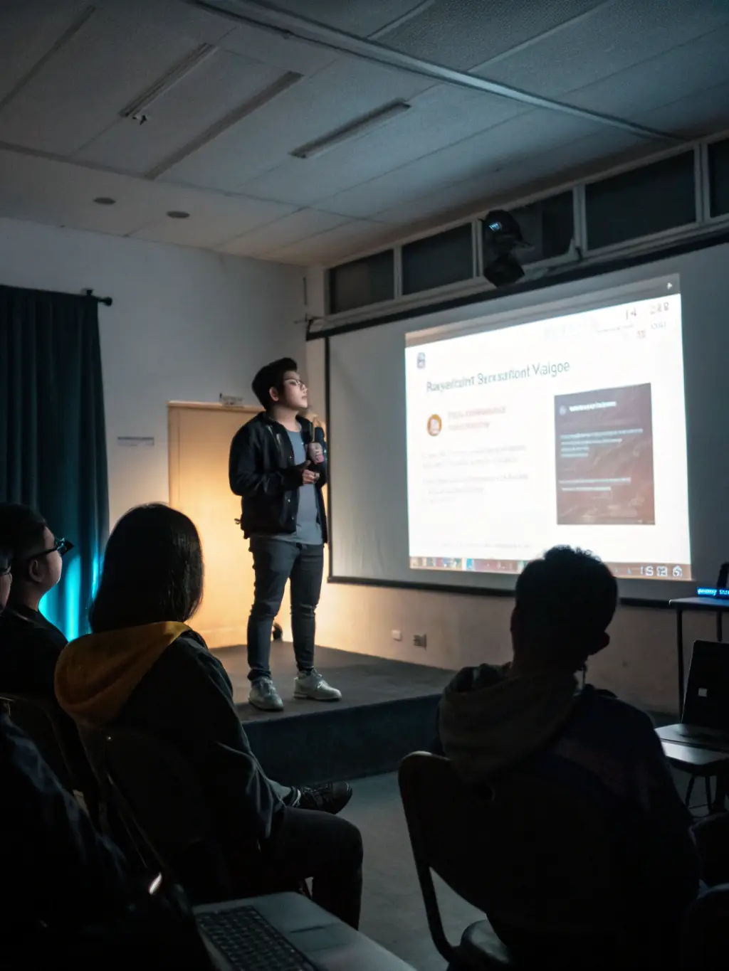 A student successfully presenting a mobile app they developed during a course at CodeBridge Academy, showcasing their skill-building achievements.