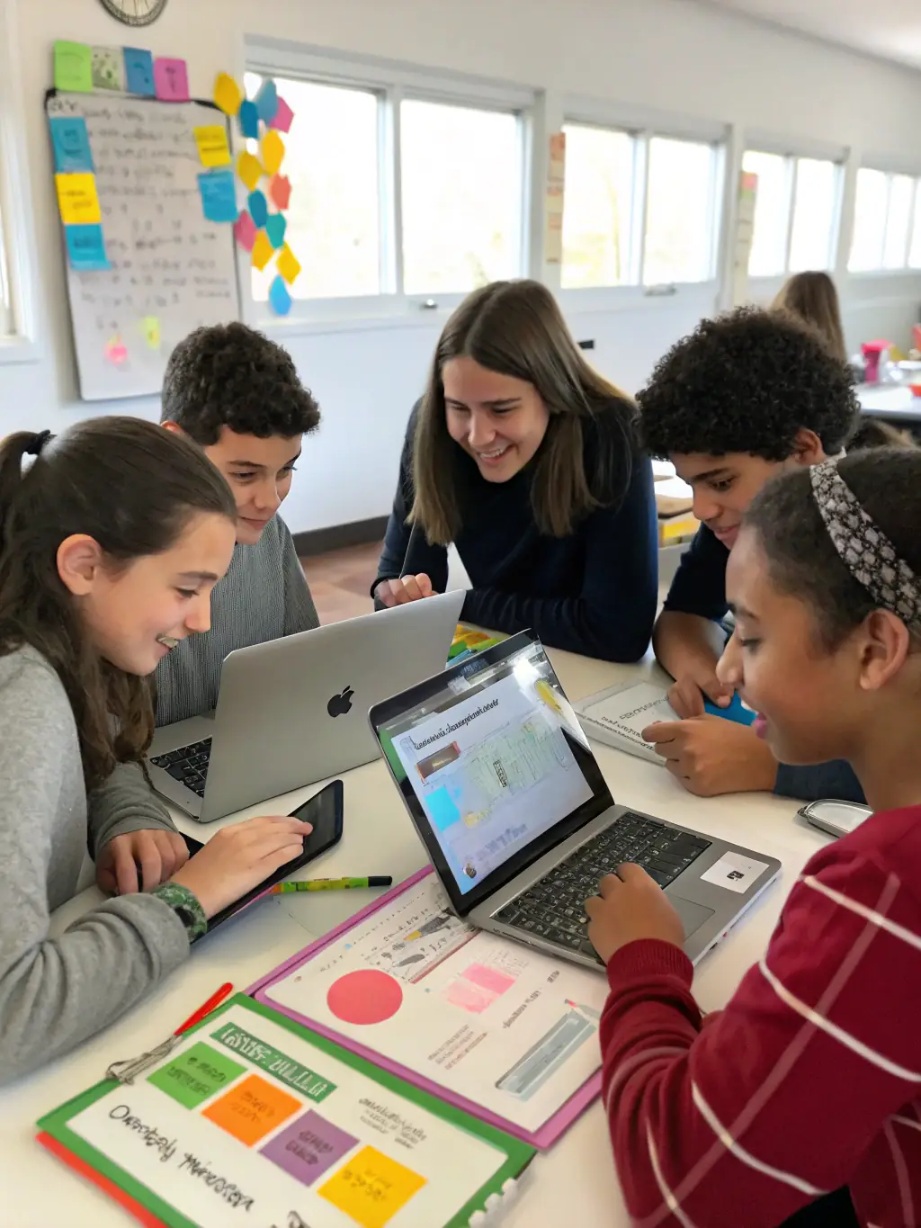 A group of students collaborating on a data science project, using visualisations and statistical tools in a bright, collaborative workspace at CodeBridge Academy.