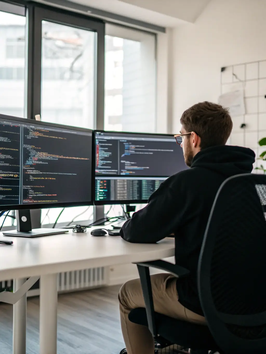 A student successfully coding at a modern computer, surrounded by multiple monitors displaying lines of code, symbolizing focused learning and skill acquisition at CodeBridge Academy.