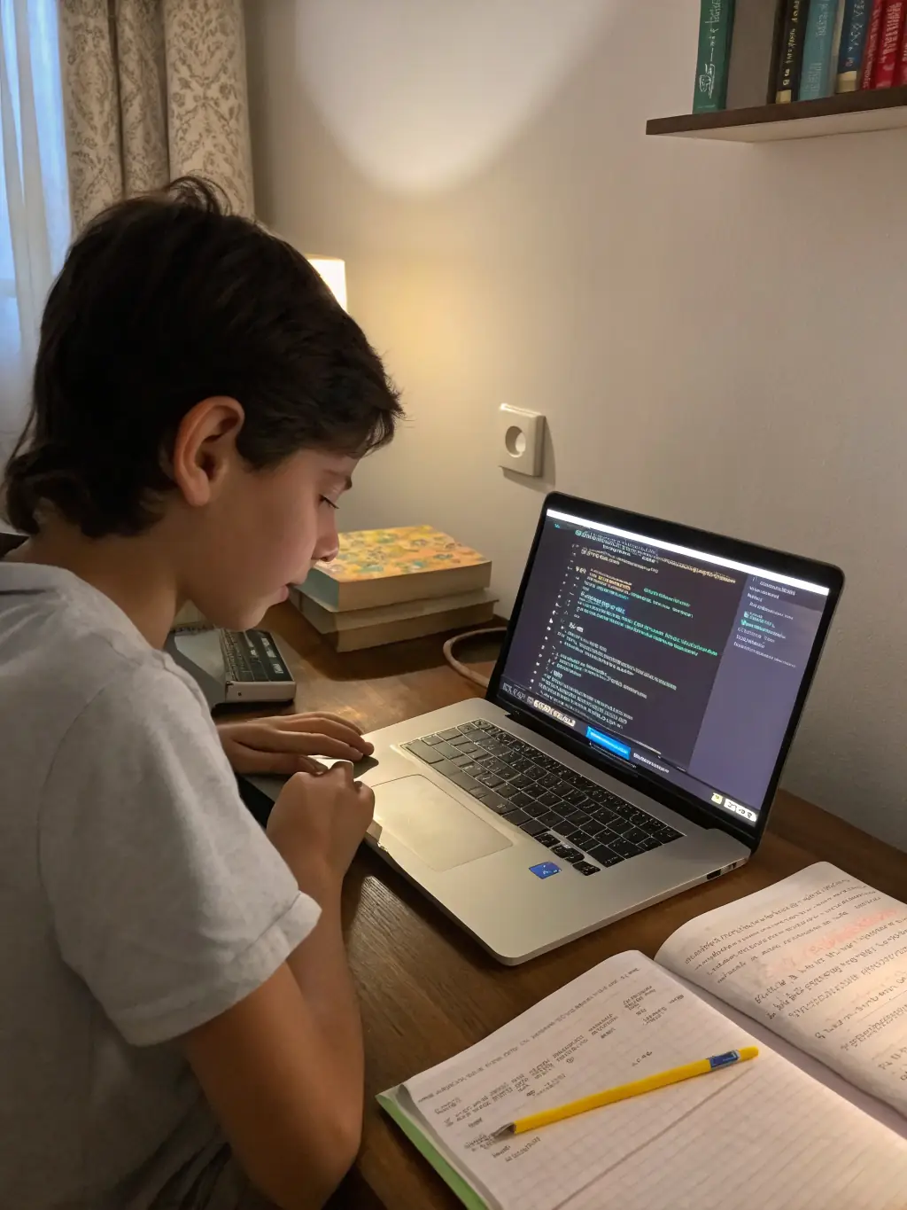 A close-up shot of a student's hands typing rapidly on a keyboard, immersed in a Python programming exercise at CodeBridge Academy.